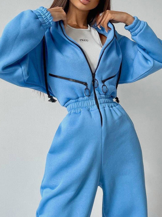 Coveralls- Cozy Loungewear Zip-Up Coveralls Long Sleeve Jumpsuit- Blue- Pekosa Women Clothing