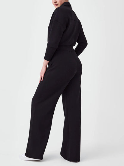 Coveralls- Straight-Leg Jumpsuit | Solid Zip-Up Coveralls with Long Sleeves- - Pekosa Women Clothing