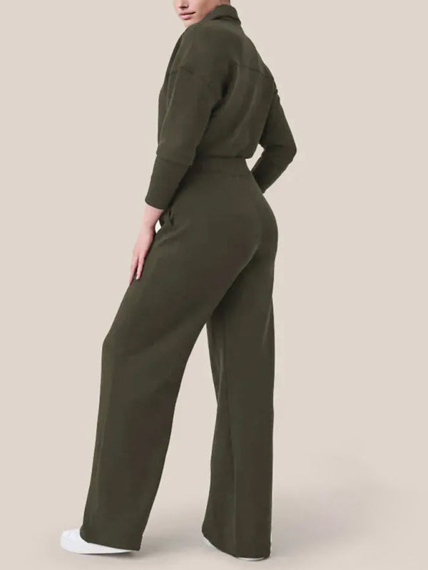 Coveralls- Straight-Leg Jumpsuit | Solid Zip-Up Coveralls with Long Sleeves- - Pekosa Women Clothing