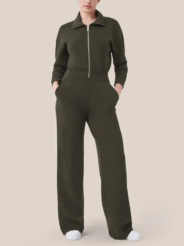 Coveralls- Straight-Leg Jumpsuit | Solid Zip-Up Coveralls with Long Sleeves- Green- Pekosa Women Clothing