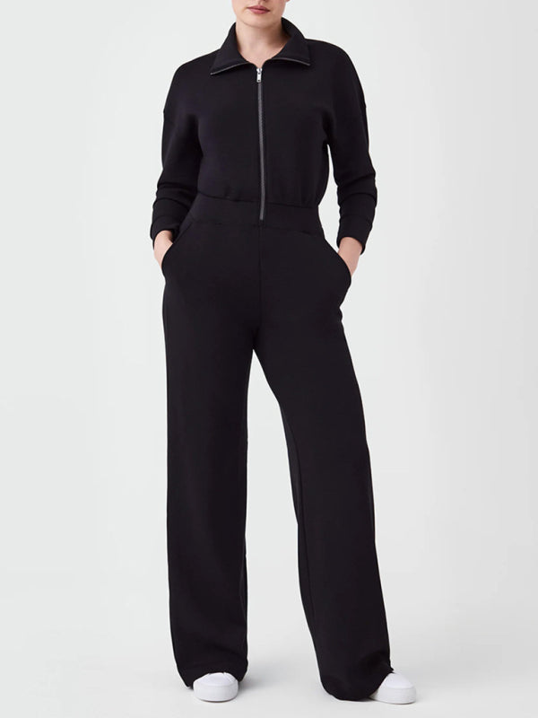 Coveralls- Straight-Leg Jumpsuit | Solid Zip-Up Coveralls with Long Sleeves- Black- Pekosa Women Clothing