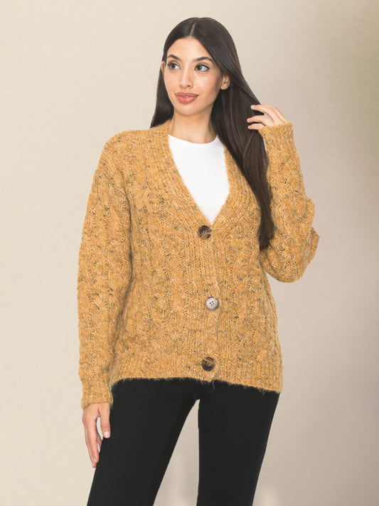 Cozy Cardigans- Vintage-Inspired Spackled Knit Grandpa Cardigan in Wool Blend- Khaki- Pekosa Women Clothing