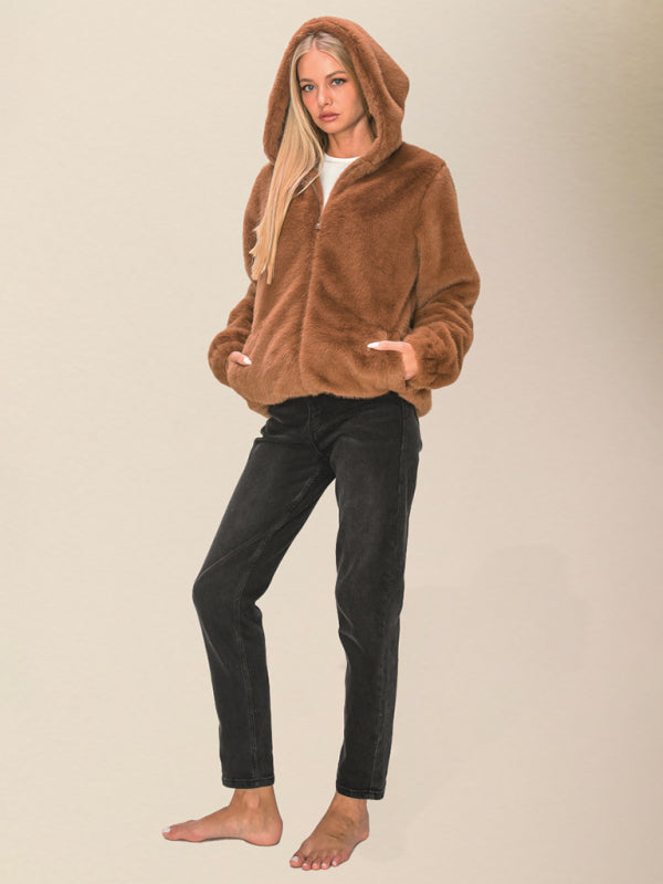 Cozy Jackets- Winter Hooded Thick Faux Fur Zip-Up Jacket- - Pekosa Women Clothing