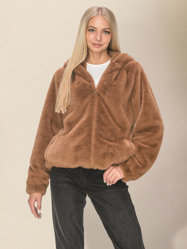 Cozy Jackets- Winter Hooded Thick Faux Fur Zip-Up Jacket- Brown- Pekosa Women Clothing