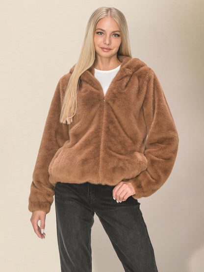 Cozy Jackets- Winter Hooded Thick Faux Fur Zip-Up Jacket- Brown- Pekosa Women Clothing