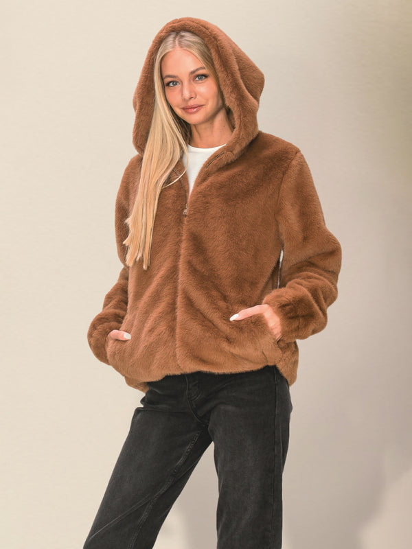 Cozy Jackets- Winter Hooded Thick Faux Fur Zip-Up Jacket- - Pekosa Women Clothing