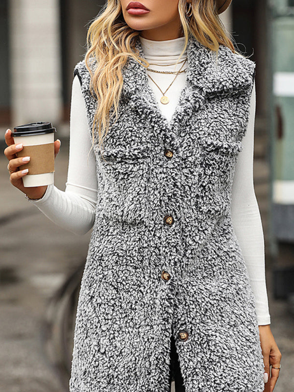 Cozy Vests- Fluffy Faux-Fur Mid-Length Collar Vest with Flap Pockets- - Pekosa Women Clothing