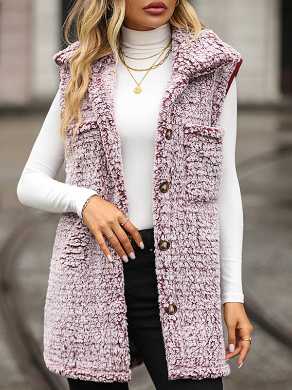 Cozy Vests- Fluffy Faux-Fur Mid-Length Collar Vest with Flap Pockets- - Pekosa Women Clothing