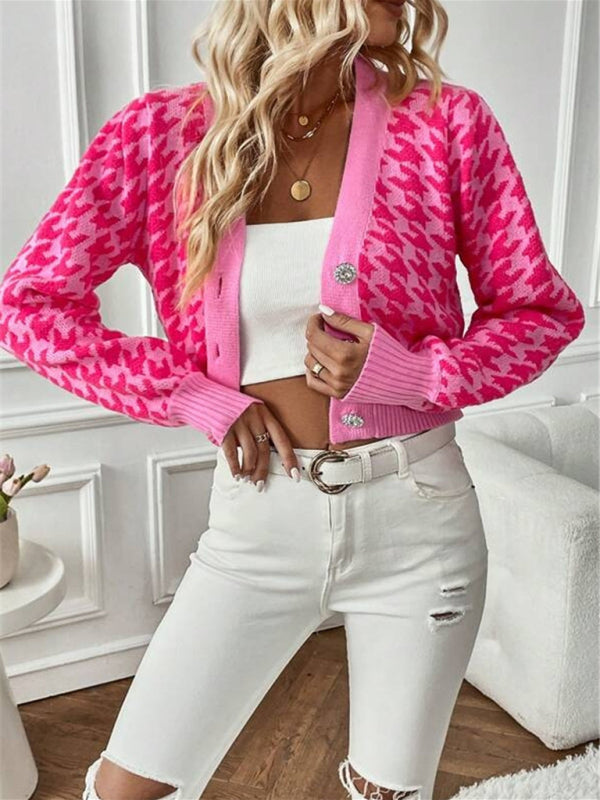 Crop Cardigans- Houndstooth Crop V-Neck Sweater Cardigan- Pink purple- Pekosa Women Clothing