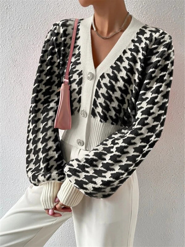 Crop Cardigans- Houndstooth Crop V-Neck Sweater Cardigan- - Pekosa Women Clothing