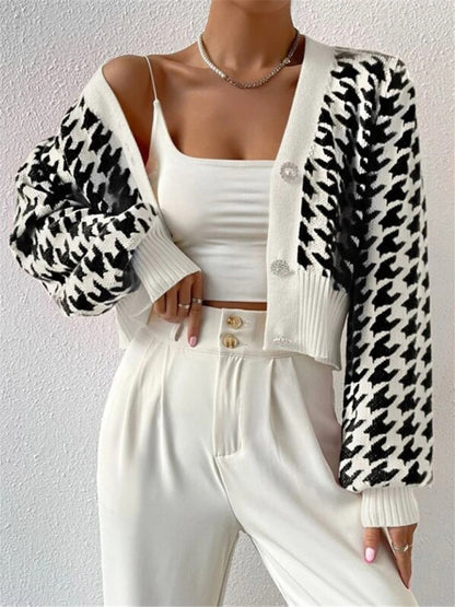 Crop Cardigans- Houndstooth Crop V-Neck Sweater Cardigan- - Pekosa Women Clothing