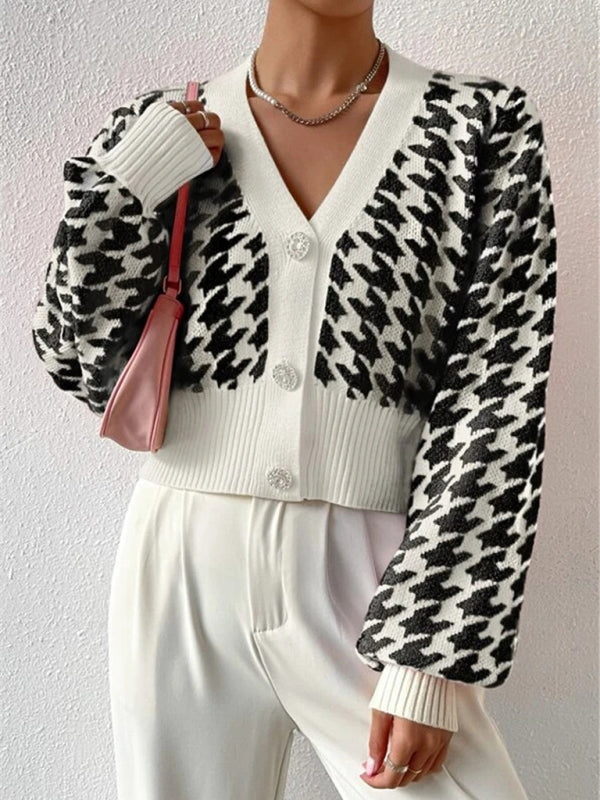 Crop Cardigans- Houndstooth Crop V-Neck Sweater Cardigan- - Pekosa Women Clothing