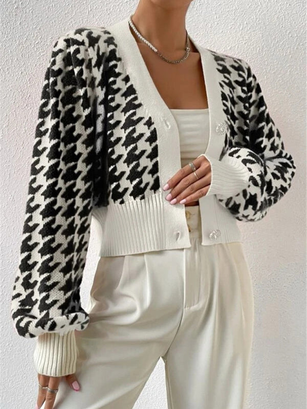 Crop Cardigans- Houndstooth Crop V-Neck Sweater Cardigan- - Pekosa Women Clothing