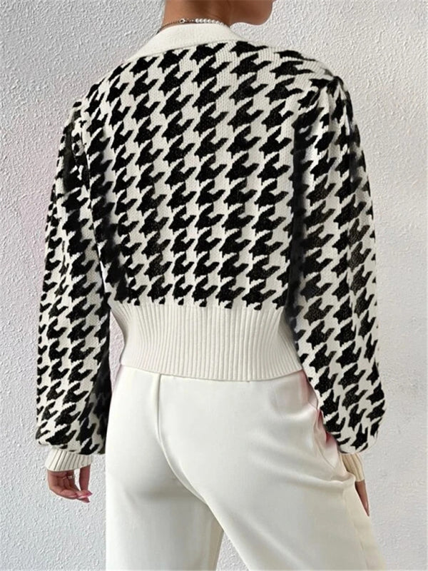 Crop Cardigans- Houndstooth Crop V-Neck Sweater Cardigan- - Pekosa Women Clothing