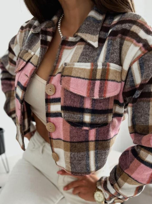 Crop Jackets- Casual Warm Plaid Crop Collar Shirt-Jacket- Pink- Pekosa Women Clothing