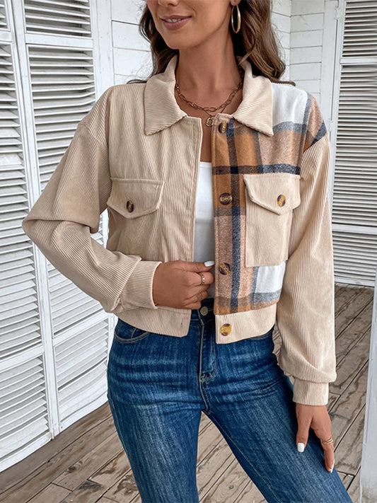 Crop Jackets- Cozy in Corduroy: Tan Plaid Crop Collar Jacket- Khaki- Pekosa Women Clothing