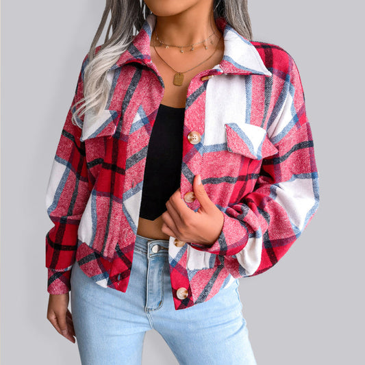 Crop Jackets- Plush Thick Flannel Plaid Jacket- Red- Pekosa Women Clothing