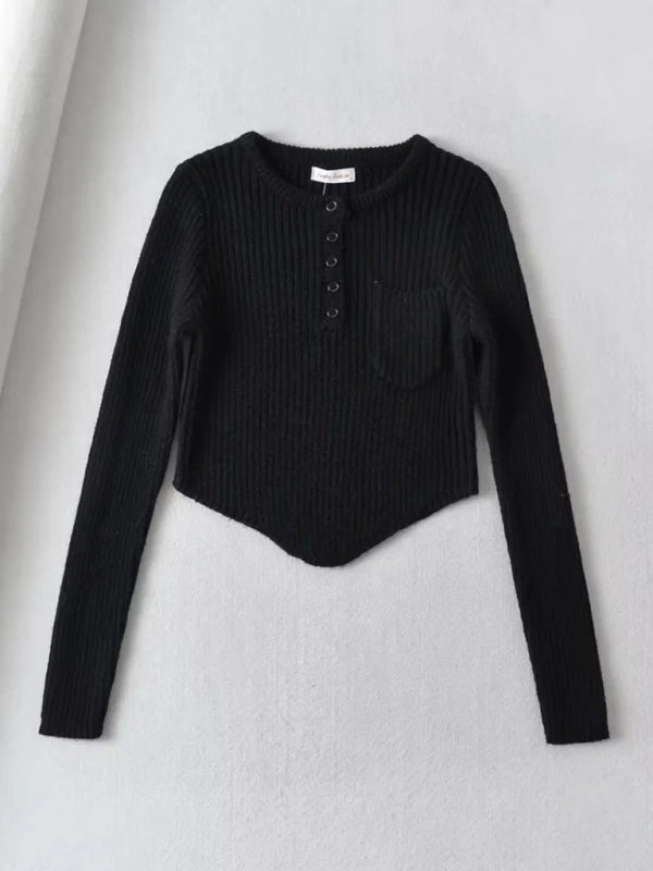 Crop Sweater- Cozy Ribbed Crop Sweater | Thickened Knit Top- Black- Pekosa Women Clothing