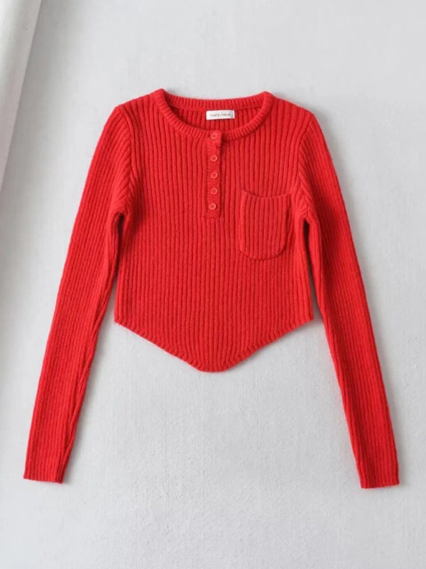 Crop Sweater- Cozy Ribbed Crop Sweater | Thickened Knit Top- Watermelon Red- Pekosa Women Clothing