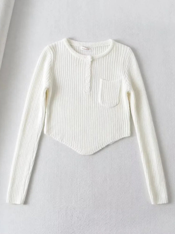 Crop Sweater- Cozy Ribbed Crop Sweater | Thickened Knit Top- White- Pekosa Women Clothing