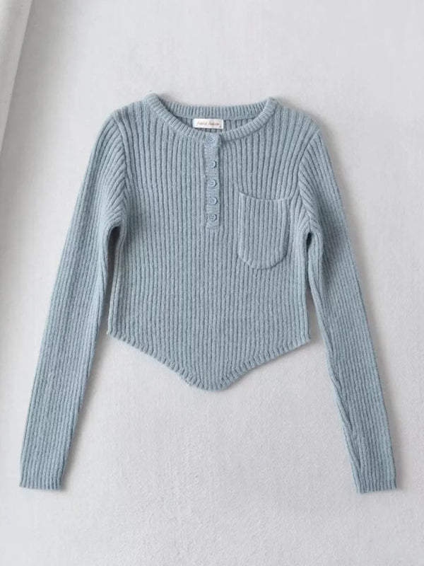 Crop Sweater- Cozy Ribbed Crop Sweater | Thickened Knit Top- Grey- Pekosa Women Clothing