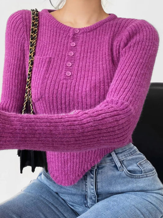 Crop Sweater- Cozy Ribbed Crop Sweater | Thickened Knit Top- Purple- Pekosa Women Clothing