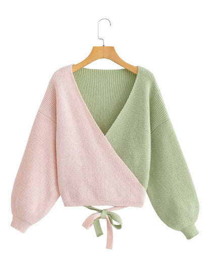 Crop Sweatera- Pastels Patchwork Knit Wrap V-Neck Crop Sweater- - Pekosa Women Clothing