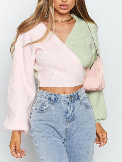 Crop Sweatera- Pastels Patchwork Knit Wrap V-Neck Crop Sweater- - Pekosa Women Clothing