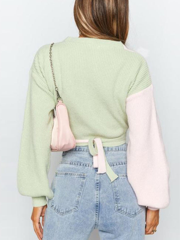 Crop Sweatera- Pastels Patchwork Knit Wrap V-Neck Crop Sweater- - Pekosa Women Clothing