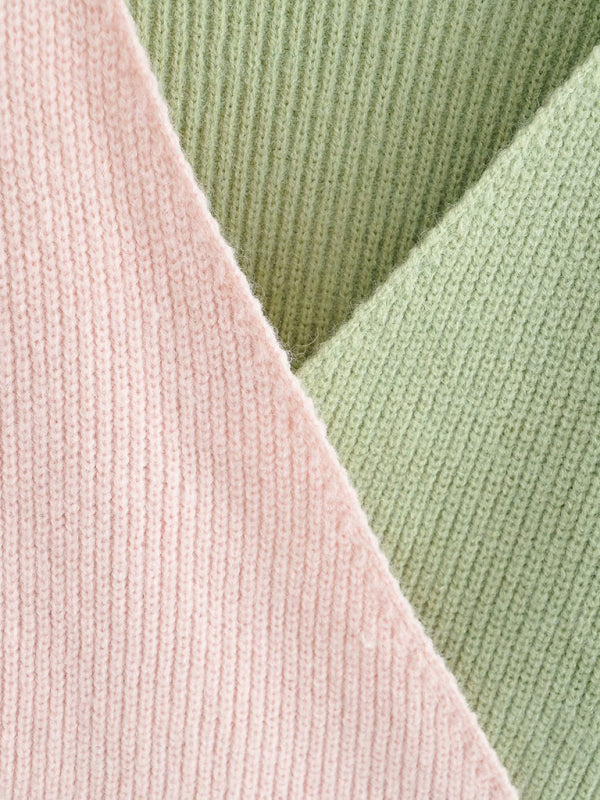 Crop Sweatera- Pastels Patchwork Knit Wrap V-Neck Crop Sweater- - Pekosa Women Clothing