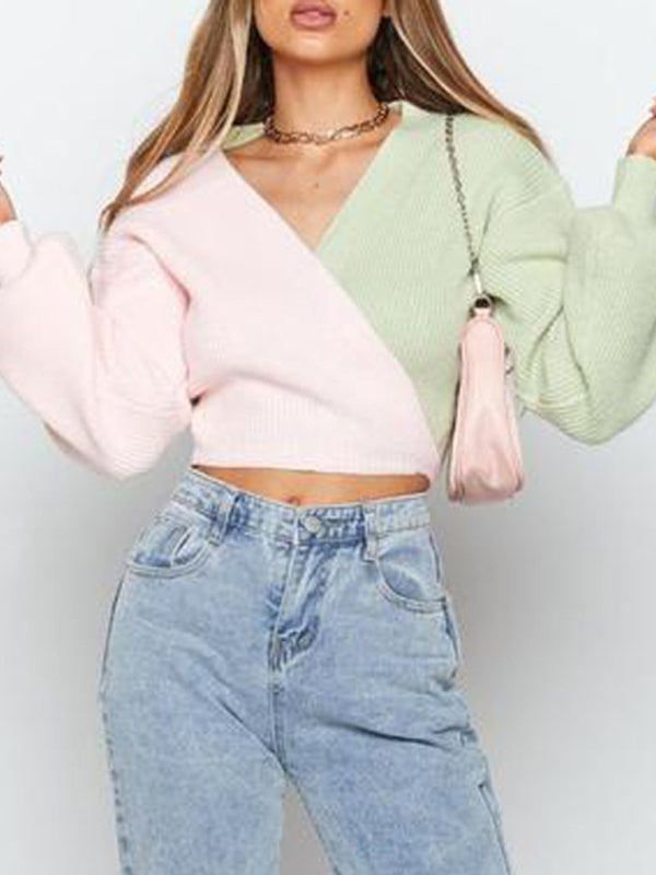 Crop Sweatera- Pastels Patchwork Knit Wrap V-Neck Crop Sweater- - Pekosa Women Clothing