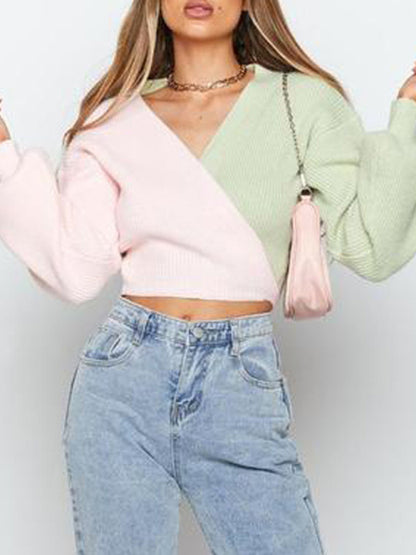 Crop Sweatera- Pastels Patchwork Knit Wrap V-Neck Crop Sweater- - Pekosa Women Clothing