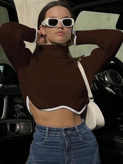 Crop Sweaters- Contrast Binding Flintstones Turtleneck Crop Sweater- Coffee- Pekosa Women Clothing