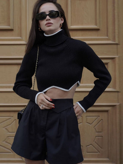 Crop Sweaters- Contrast Binding Flintstones Turtleneck Crop Sweater- Black- Pekosa Women Clothing