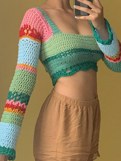 Crop Sweaters- Crocket Colorful Lace-Up Back Square Neck Bell Sleeve Crop Sweater- Blue- Pekosa Women Clothing