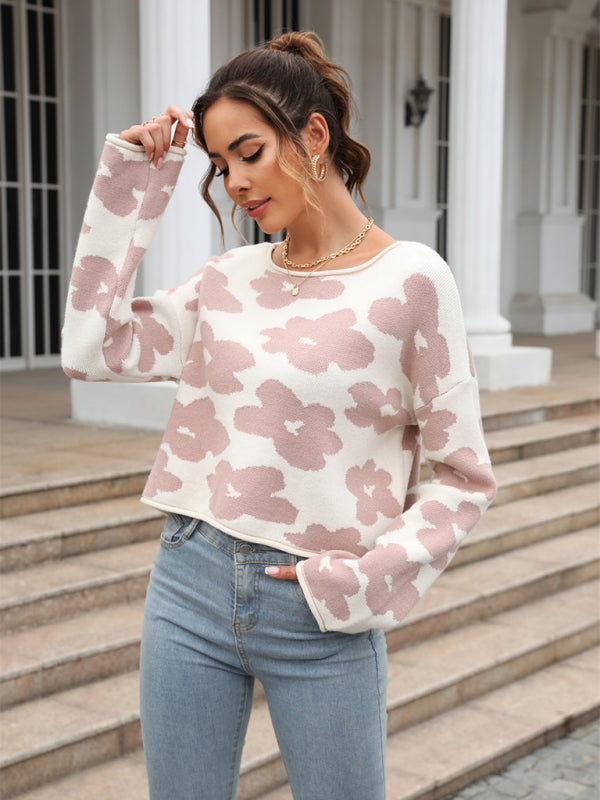 Crop Sweaters- Floral Knitted Cozy Long Sleeve Crop Sweater- - Pekosa Women Clothing