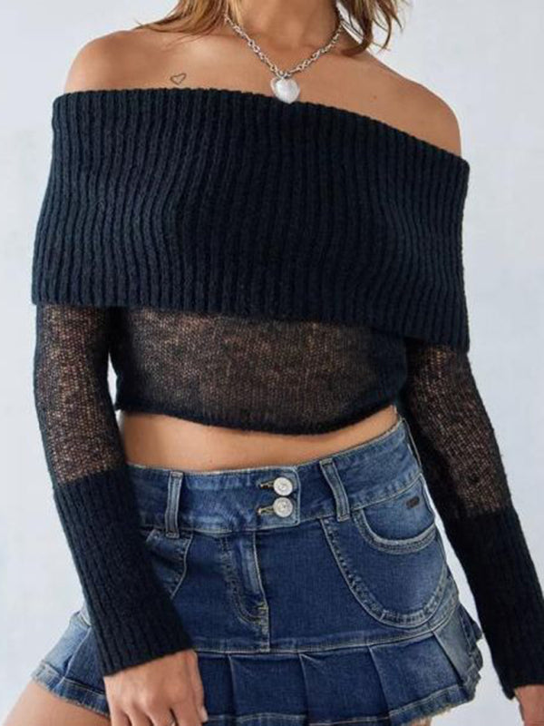 Crop Sweaters- Off-Shoulder Crop Sweater Winter Knitting Top- - Pekosa Women Clothing