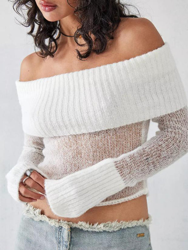 Crop Sweaters- Off-Shoulder Crop Sweater Winter Knitting Top- White- Pekosa Women Clothing