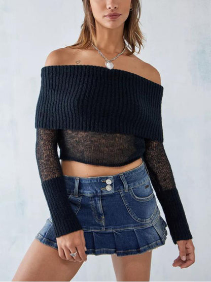 Crop Sweaters- Off-Shoulder Crop Sweater Winter Knitting Top- Black- Pekosa Women Clothing