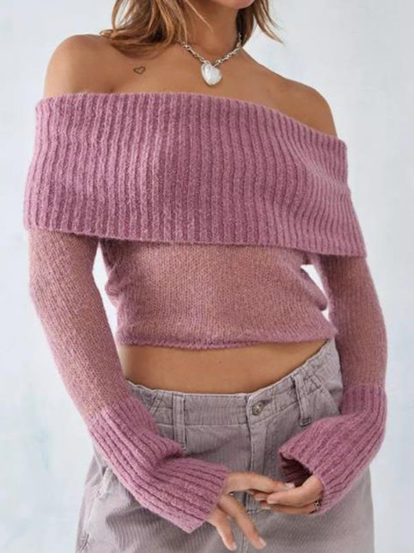 Crop Sweaters- Off-Shoulder Crop Sweater Winter Knitting Top- Pink- Pekosa Women Clothing