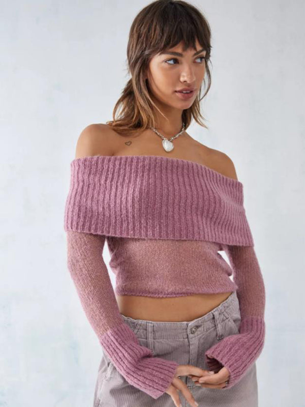 Crop Sweaters- Off-Shoulder Crop Sweater Winter Knitting Top- - Pekosa Women Clothing