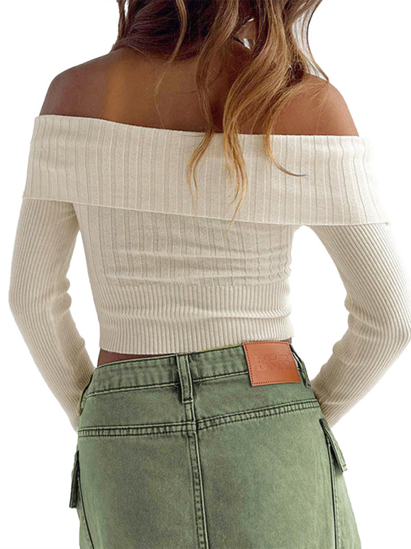 Crop Sweaters- Rib-Knit Off The Shoulder Long Sleeve Crop Sweater- - Pekosa Women Clothing