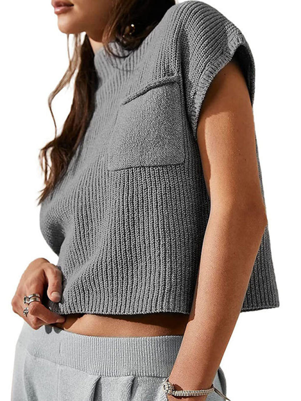 Crop Sweaters- Ribbed Relax Cap Sleeve Crop Sweater- - Pekosa Women Clothing