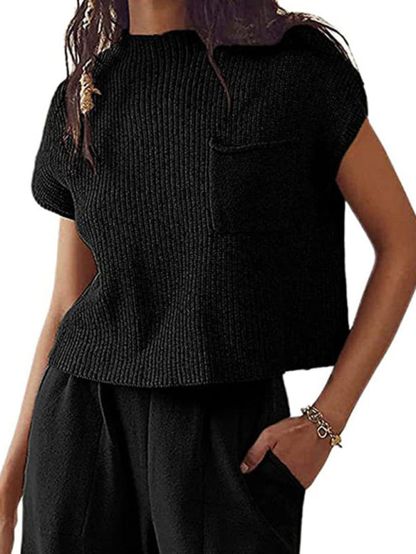 Crop Sweaters- Ribbed Relax Cap Sleeve Crop Sweater- - Pekosa Women Clothing