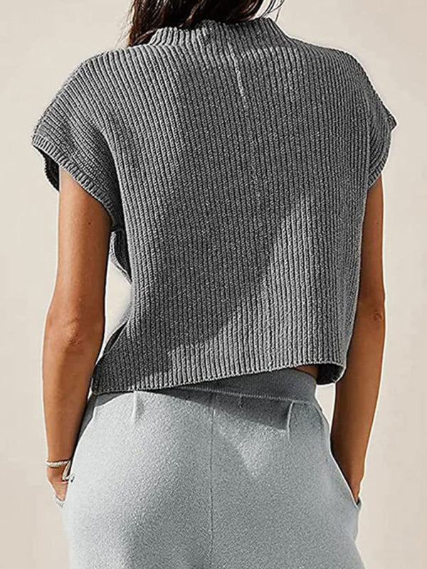 Crop Sweaters- Ribbed Relax Cap Sleeve Crop Sweater- - Pekosa Women Clothing