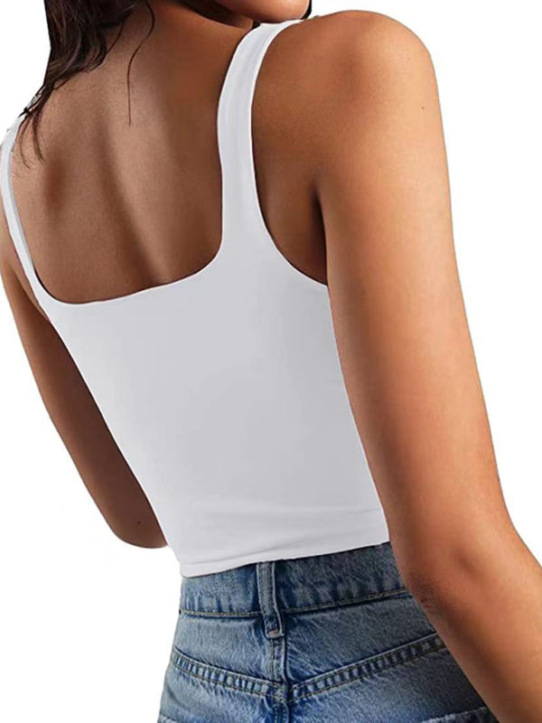 Crop Top- Women's Solid Square Neck Top - Fitted Crop Cami- White- Pekosa Women Fashion