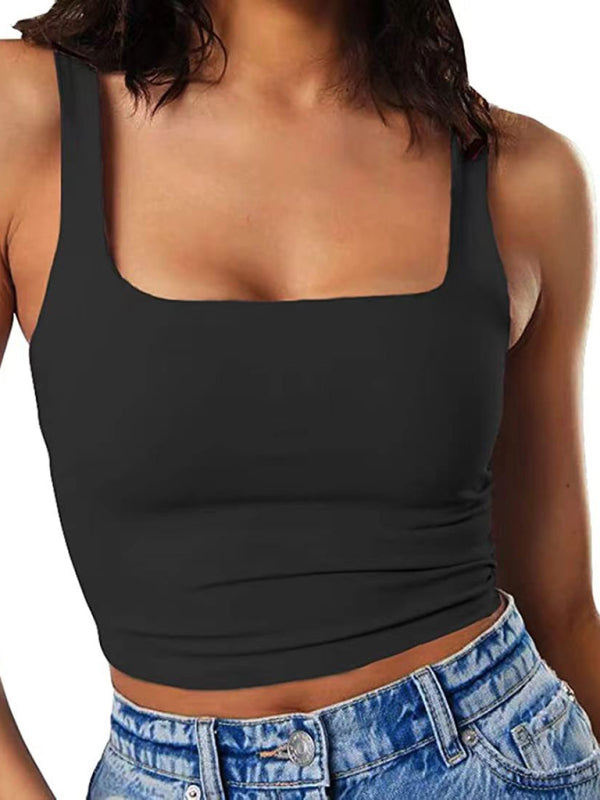 Crop Top- Women's Solid Square Neck Top - Fitted Crop Cami- Black- Pekosa Women Fashion