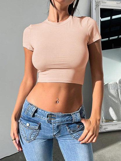 Crop Tops- Essential Crop Tee - Women's Fitted Crew Neck Top with Short Sleeves- - Pekosa Women Fashion