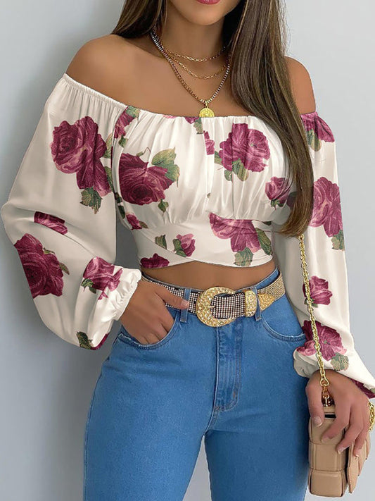Crop Tops- Floral Print Crop Blouse - Off-The-Shoulder Long Sleeves Top- Cherry red- Pekosa Women Clothing