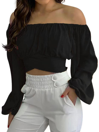 Crop Tops- Floral Print Crop Blouse - Off-The-Shoulder Long Sleeves Top- Black- Pekosa Women Clothing